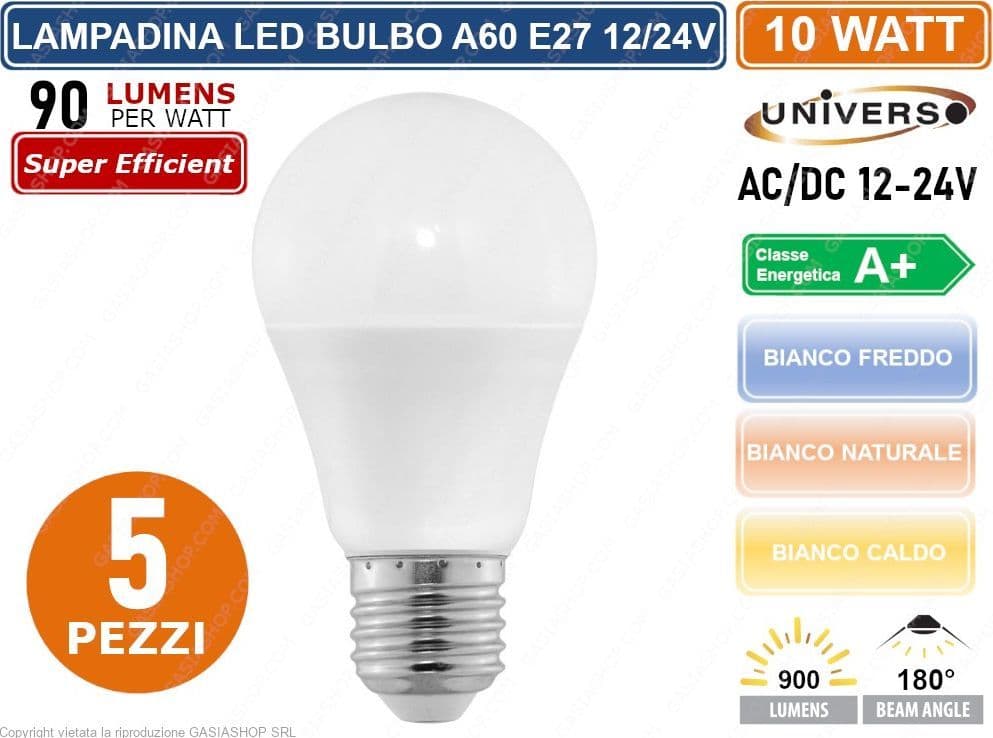KIT 5 LAMPADINE LED E27 AC/DC 12V 24V BULB A60 10W 900 LUMEN - 2
