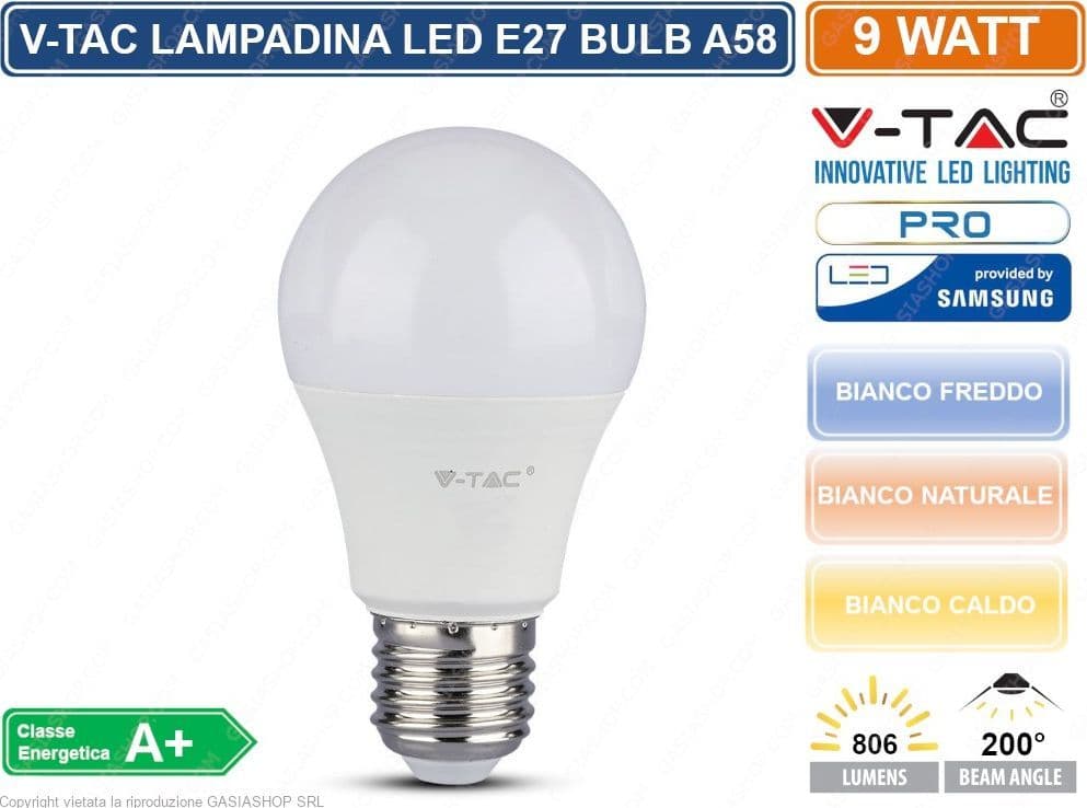 V-TAC PRO VT-210 LAMPADINA LED E27 9W BULB A58 CHIP SAMSUNG - SKU 228 / 21229 / 21230 - 3