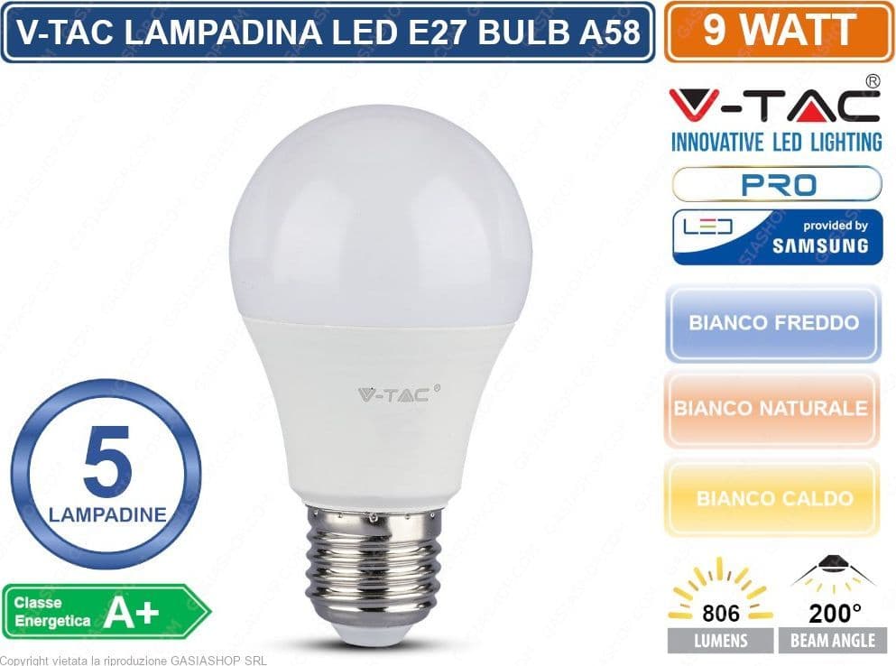 KIT 5 LAMPADINE V-TAC PRO VT-210 LED E27 9W BULB A58 CHIP SAMSUNG - SKU 228 / 21229 / 21230 - 3