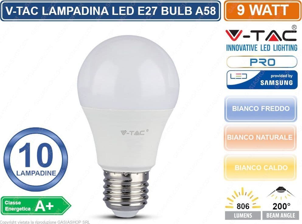 KIT 10 LAMPADINE V-TAC PRO VT-210 LED E27 9W BULB A58 CHIP SAMSUNG - SKU 228 / 21229 / 21230 - 3