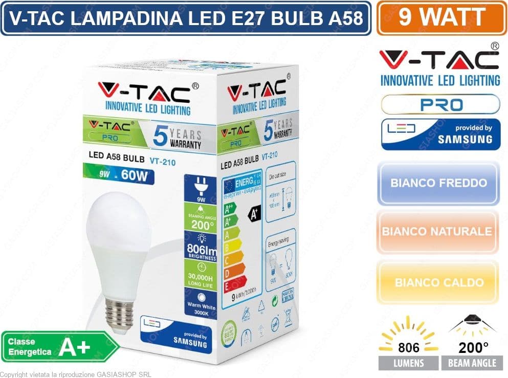 KIT 20 LAMPADINE V-TAC PRO VT-210 LED E27 9W BULB A58 CHIP SAMSUNG - SKU 228 / 21229 / 21230 - 2