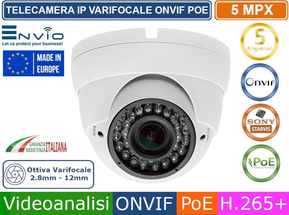 TELECAMERA DOME  IP VARIFOCALE 5MP MEGAPIXEL VIDEOANALISI ONVIF POE H.265++ IP66 - 2