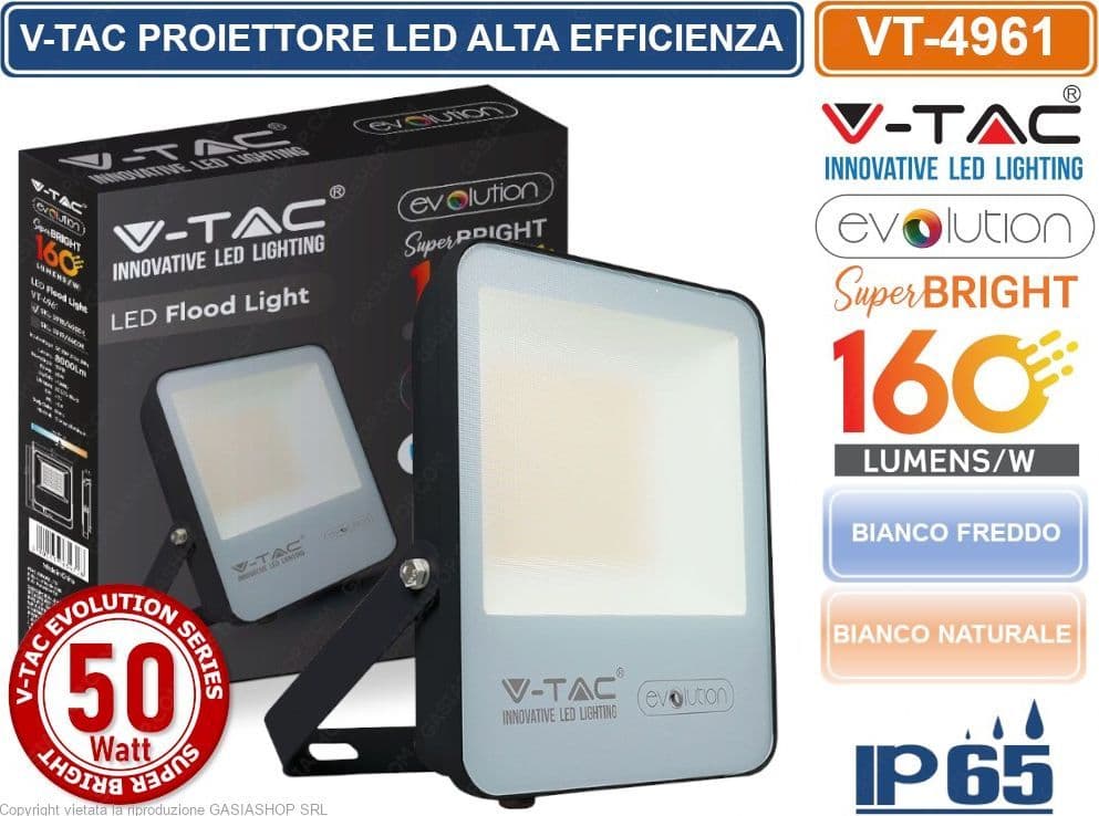 V-TAC EVOLUTION VT-4961 FARO LED SMD 50W HIGH LUMENS IP65 DA ESTERNO COLORE NERO - SKU 5918 / 5919 - 4