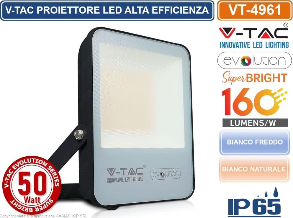 V-TAC EVOLUTION VT-4961 FARO LED SMD 50W HIGH LUMENS IP65 DA ESTERNO COLORE NERO - SKU 5918 / 5919 - 2