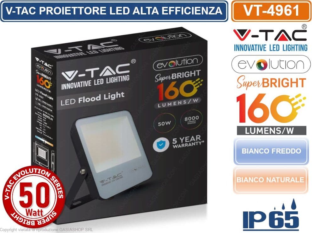 V-TAC EVOLUTION VT-4961 FARO LED SMD 50W HIGH LUMENS IP65 DA ESTERNO COLORE NERO - SKU 5918 / 5919 - 3