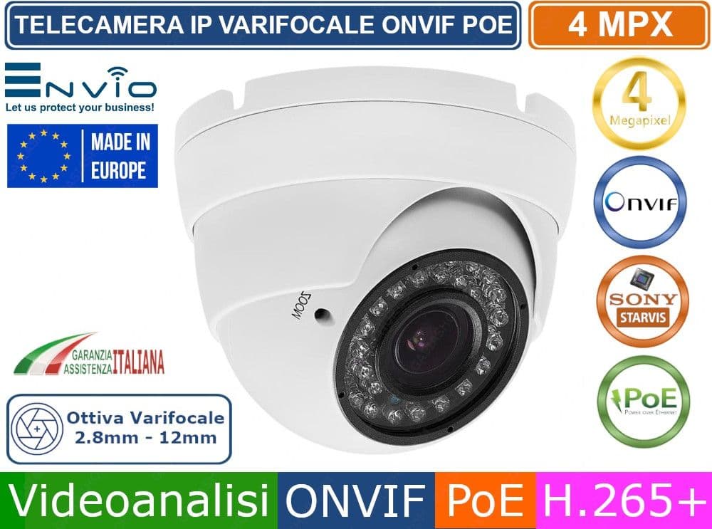 TELECAMERA DOME  IP VARIFOCALE 4MP MEGAPIXEL VIDEOANALISI ONVIF POE H.265++ IP66 - 2