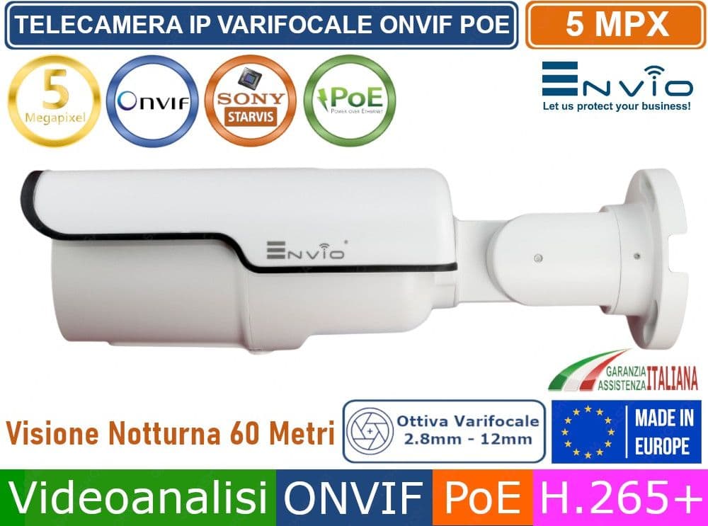 TELECAMERA BULLET  IP VARIFOCALE 5MP MEGAPIXEL VIDEOANALISI ONVIF POE H.265++ IP66 60 METRI - 2