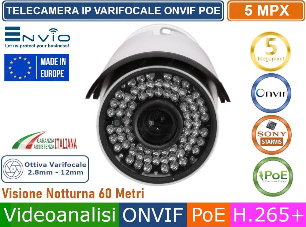 TELECAMERA BULLET  IP VARIFOCALE 5MP MEGAPIXEL VIDEOANALISI ONVIF POE H.265++ IP66 60 METRI - 3
