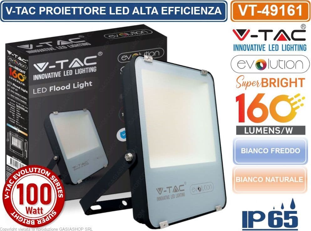 V-TAC EVOLUTION VT-49161 FARO LED SMD 100W HIGH LUMENS IP65 DA ESTERNO COLORE NERO - SKU 5920 / 5921 - 4