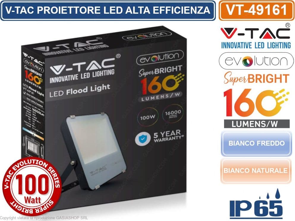V-TAC EVOLUTION VT-49161 FARO LED SMD 100W HIGH LUMENS IP65 DA ESTERNO COLORE NERO - SKU 5920 / 5921 - 3