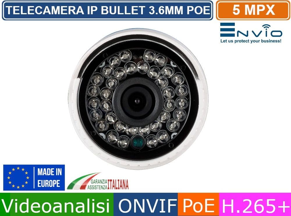 TELECAMERA BULLET  IP 3.6MM 5MP MEGAPIXEL VIDEOANALISI ONVIF POE H.265++ IP66 - 3