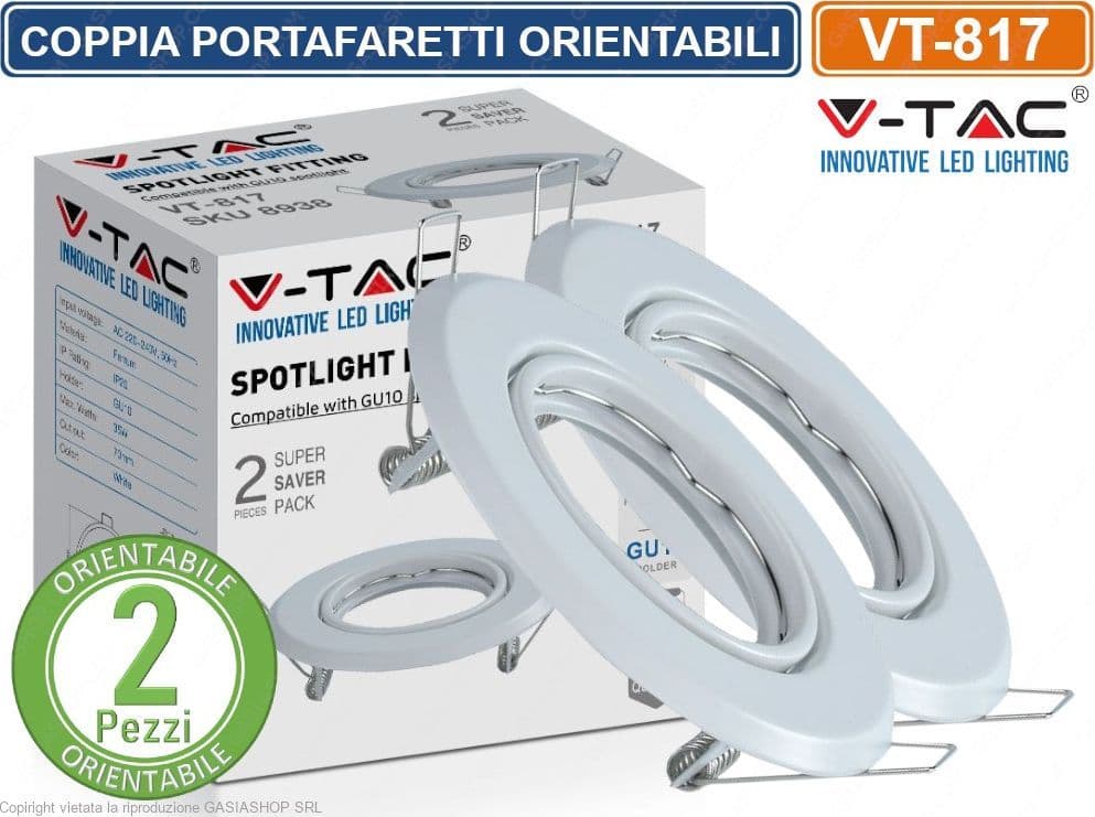 V-TAC VT-817 2 PORTAFARETTI BIANCHI ORIENTABILI ROTONDI DA INCASSO PER LAMPADINE GU10 E GU5.3 - SKU 8938 - 3