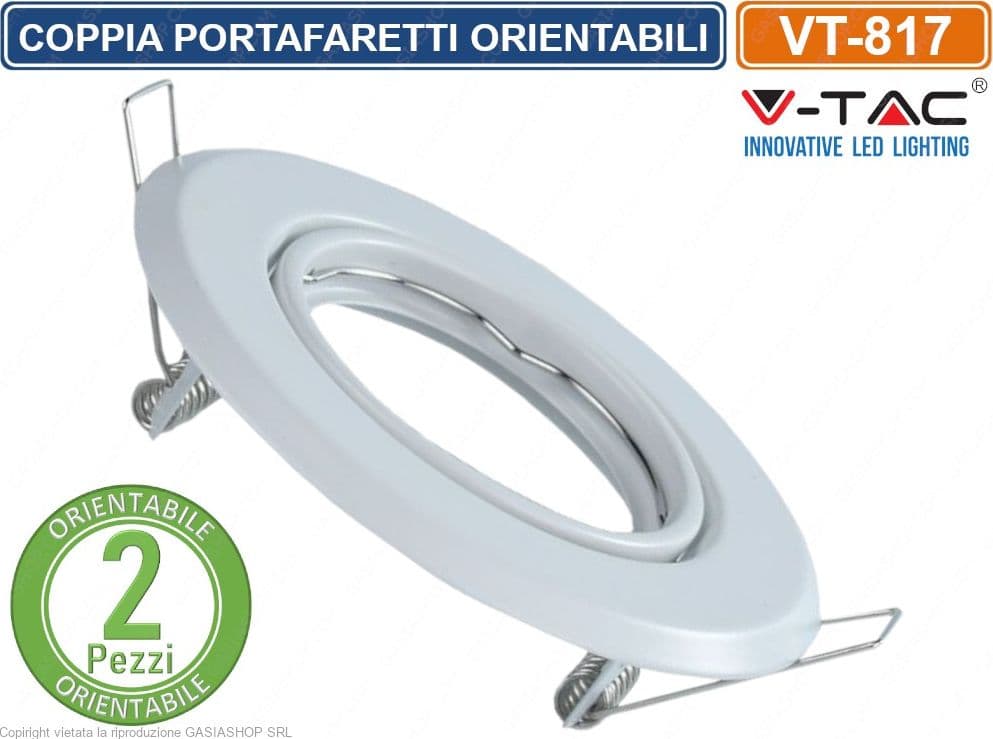 V-TAC VT-817 2 PORTAFARETTI BIANCHI ORIENTABILI ROTONDI DA INCASSO PER LAMPADINE GU10 E GU5.3 - SKU 8938 - 2