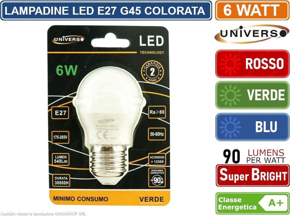 LAMPADINA LED E27 6W MINIGLOBO G45 COLORATA VERDE - ROSSA - BLU 540 LUMEN - 2