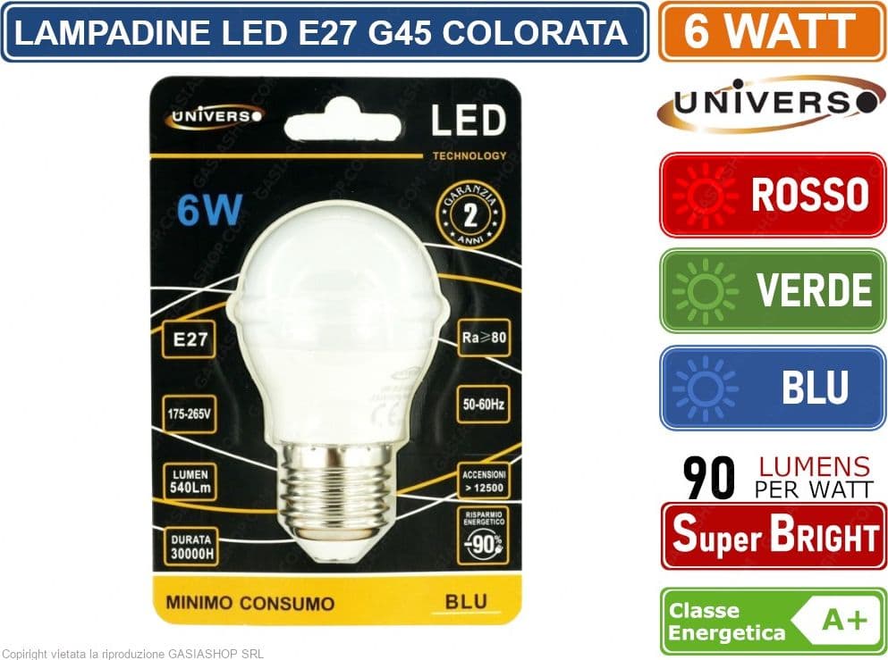 LAMPADINA LED E27 6W MINIGLOBO G45 COLORATA VERDE - ROSSA - BLU 540 LUMEN - 3
