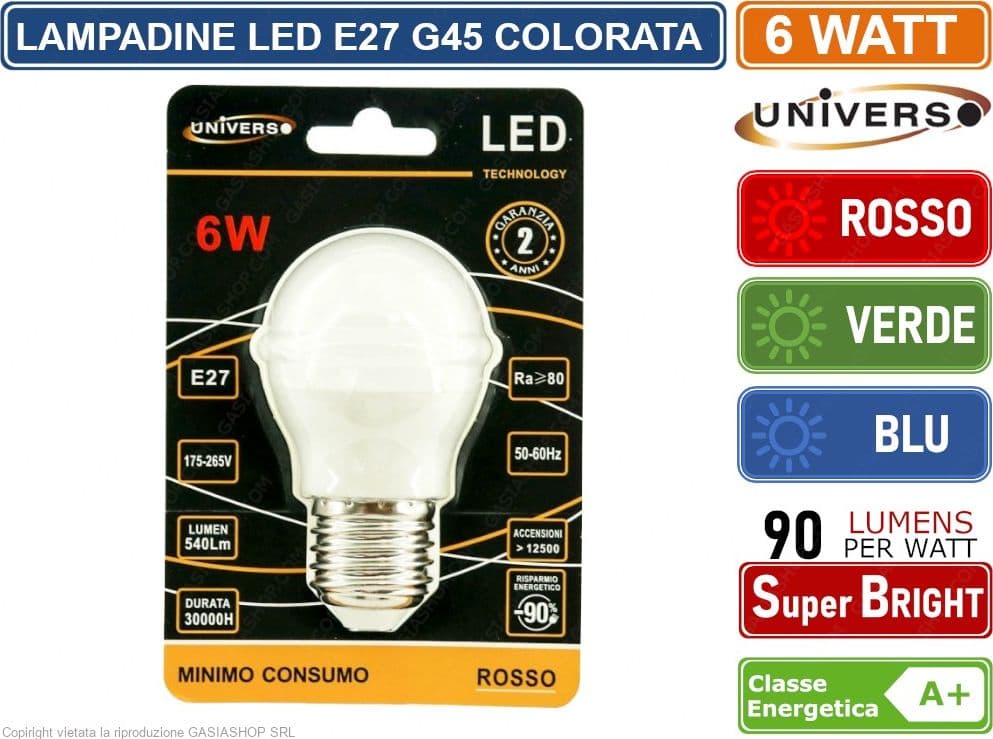 LAMPADINA LED E27 6W MINIGLOBO G45 COLORATA VERDE - ROSSA - BLU 540 LUMEN - 4