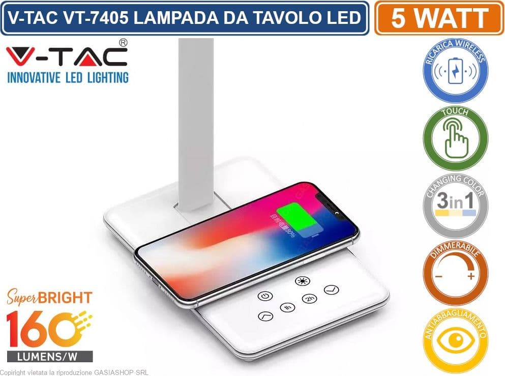 V-TAC VT-7405 LAMPADA DA TAVOLO LED 5W MULTIFUNZIONE CON STAZIONE DI RICARICA WIRELESS COLORE BIANCO - SKU 218601 - 2