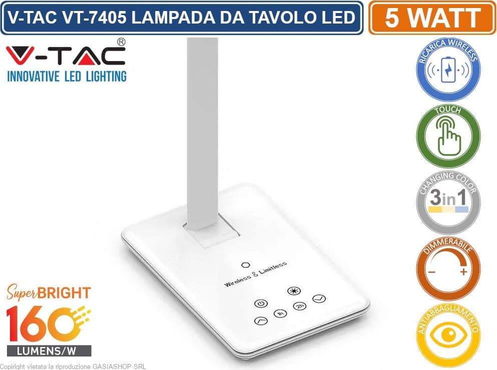 V-TAC VT-7405 LAMPADA DA TAVOLO LED 5W MULTIFUNZIONE CON STAZIONE DI RICARICA WIRELESS COLORE BIANCO - SKU 218601 - 3