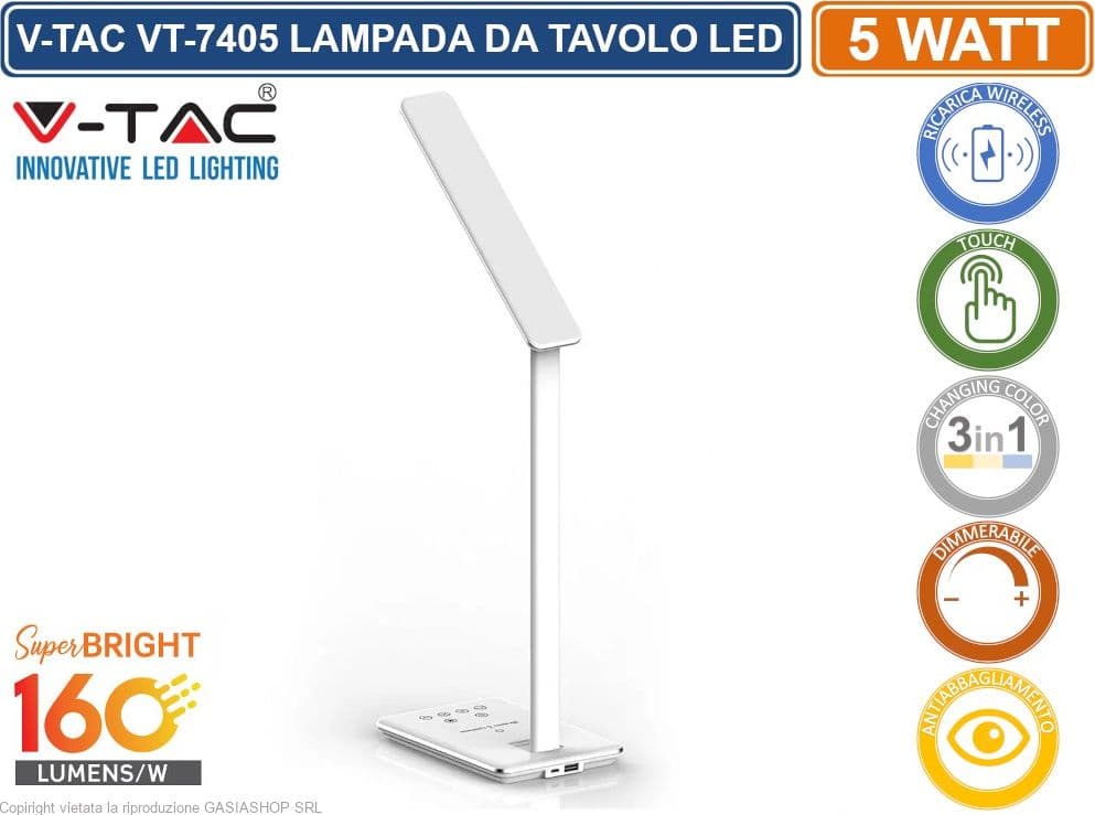 V-TAC VT-7405 LAMPADA DA TAVOLO LED 5W MULTIFUNZIONE CON STAZIONE DI RICARICA WIRELESS COLORE BIANCO - SKU 218601 - 4