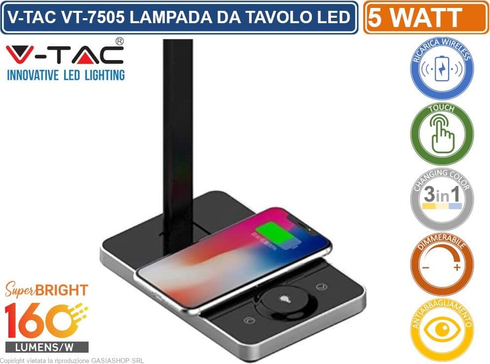 V-TAC VT-7505 LAMPADA DA TAVOLO LED 5W MULTIFUNZIONE CON STAZIONE DI RICARICA WIRELESS COLORE NERO - SKU 8602 - 2