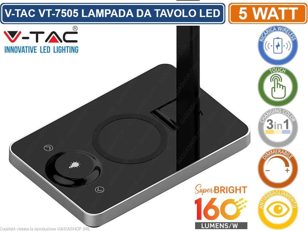 V-TAC VT-7505 LAMPADA DA TAVOLO LED 5W MULTIFUNZIONE CON STAZIONE DI RICARICA WIRELESS COLORE NERO - SKU 8602 - 3