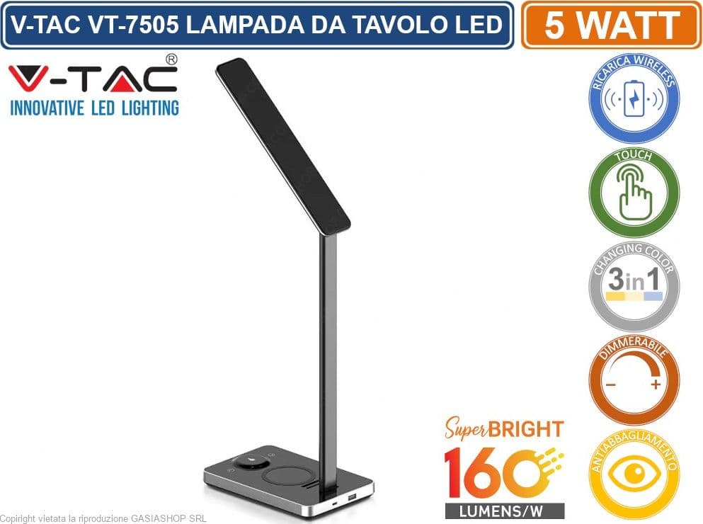 V-TAC VT-7505 LAMPADA DA TAVOLO LED 5W MULTIFUNZIONE CON STAZIONE DI RICARICA WIRELESS COLORE NERO - SKU 8602 - 4