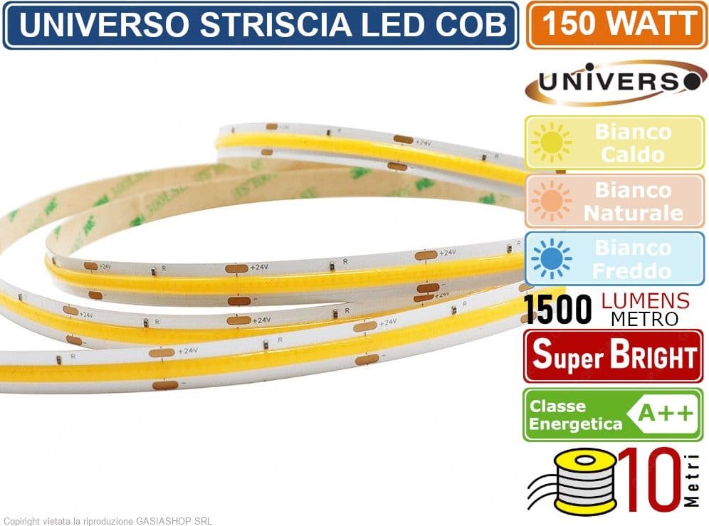 STRISCIA LED COB MONOCOLORE 150W 15000 LUMEN DC24V BOBINA DA 10 METRI CRI ≥90 IP20 - 3