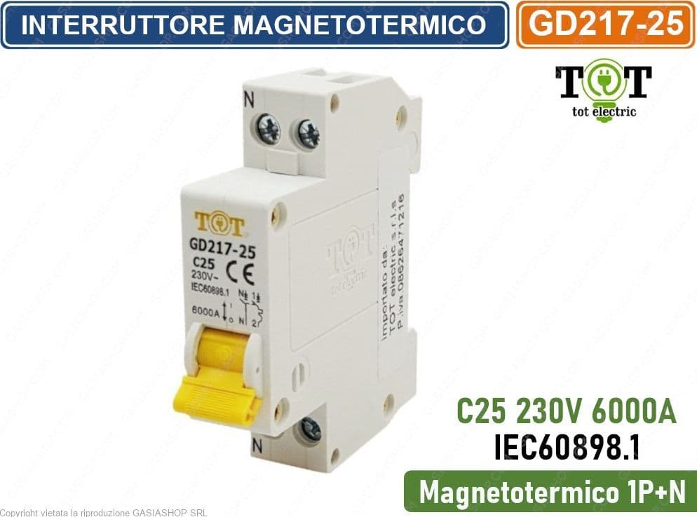INTERRUTTORE MEGNETOTERMICO PER BARRA DIN 1 MODULO 1P+N 230V CURVA C 6KA 25A - 2