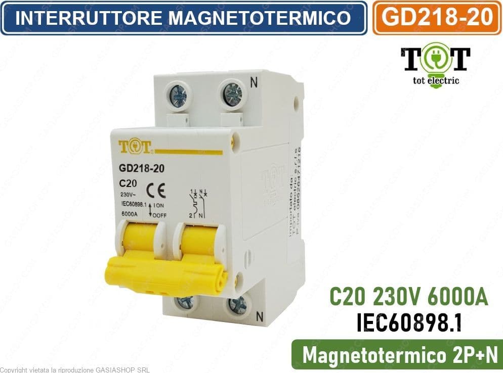 INTERRUTTORE MEGNETOTERMICO PER BARRA DIN 2 MODULI 2P+N 230V CURVA C 6KA 20A - 2