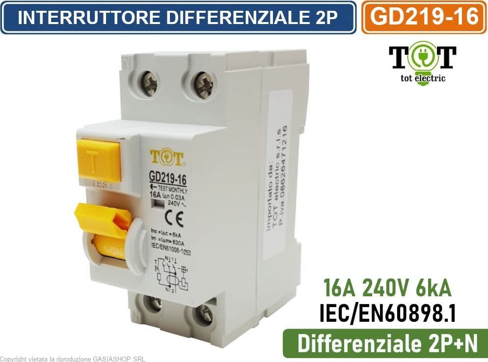 INTERRUTTORE DIFFERENZIALE 16A PER BARRA DIN 2 MODULI 2P+N 240V 6KA SENSIBILITA' 30mA - 2