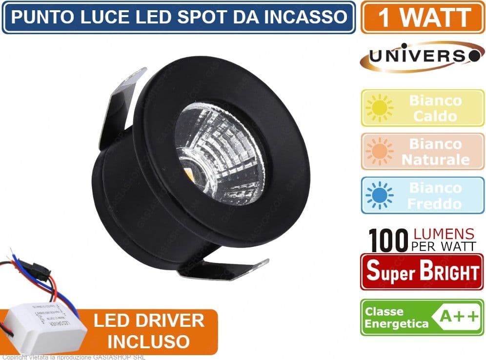 FARO FARETTO LED PUNTO LUCE ROTONDO COLORE NERO DA INCASSO 1W 3000K 4000K 6500K IP20 - 2