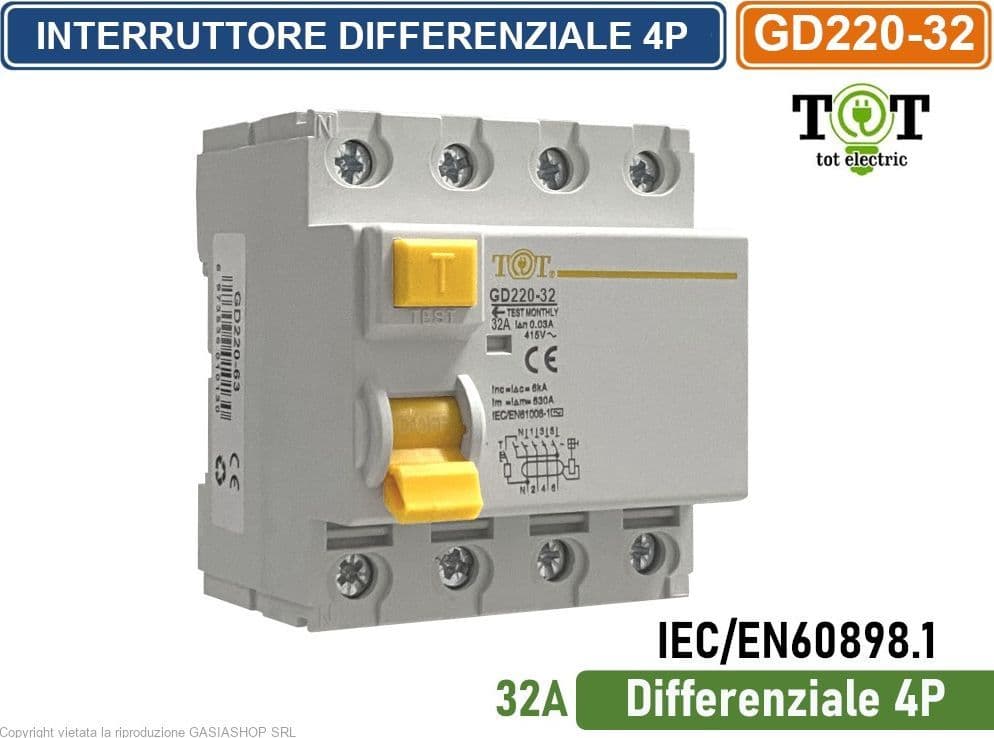 INTERRUTTORE MAGNETOTERMICO DIFFERENZIALE 32A PER BARRA DIN 4 MODULI 4P 220V-415VAC 30mA 6KA - 2
