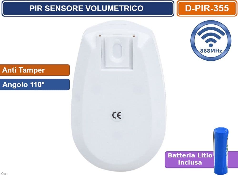 SENSORE VOLUMETRICO WIRELESS 868MHZ  ANTI TUMPER 110° BATTERIA AL LITIO - 3