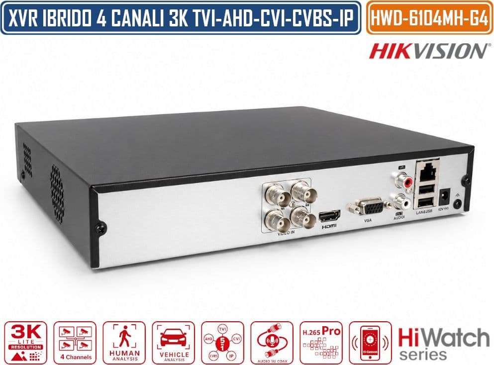 HIKVISION HWD-6104MH-G4 DVR 5IN1 AHD CVI TVI CVBS IP 4 CANALI 3K LITE 5 MP RICONOSCIMENTO UMANO E VEICOLI - 3