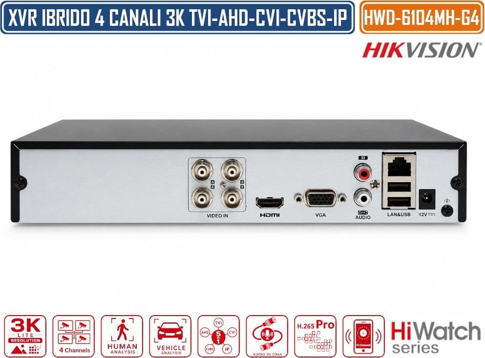 HIKVISION HWD-6104MH-G4 DVR 5IN1 AHD CVI TVI CVBS IP 4 CANALI 3K LITE 5 MP RICONOSCIMENTO UMANO E VEICOLI - 4