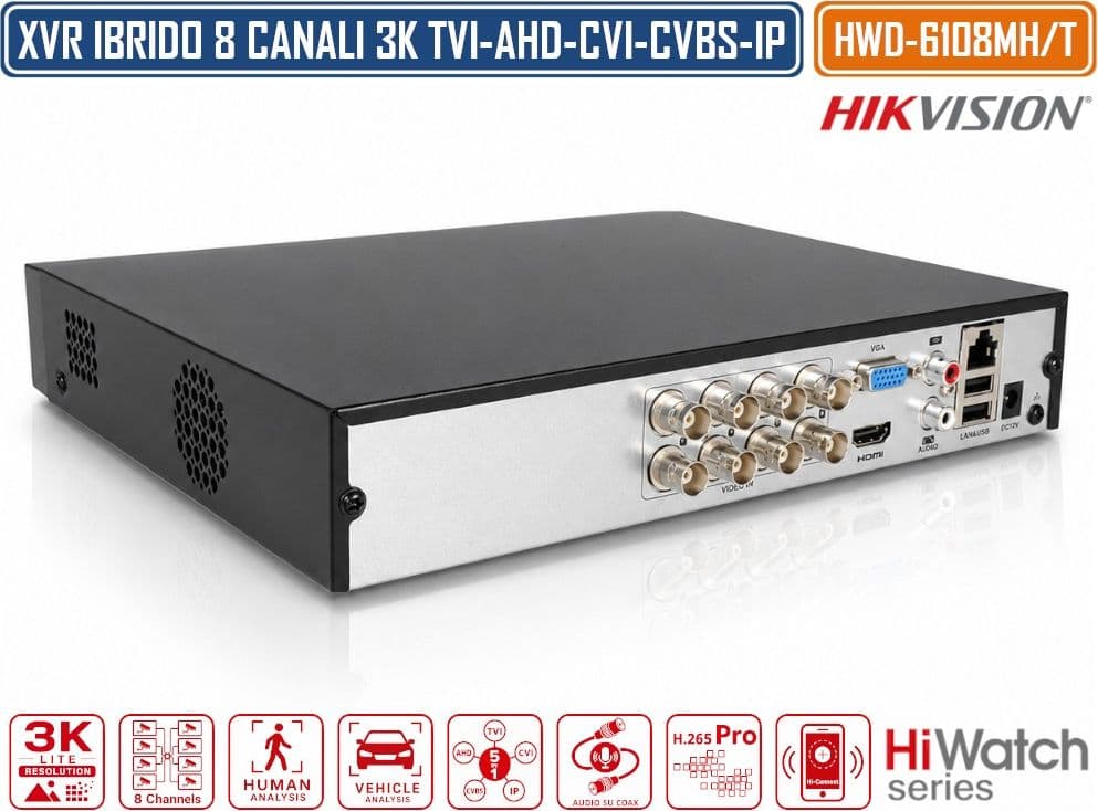 HIKVISION HWD-6108MH/T DVR 5IN1 AHD CVI TVI CVBS IP 8 CANALI 3K LITE 5 MP RICONOSCIMENTO UMANO E VEICOLI - 3