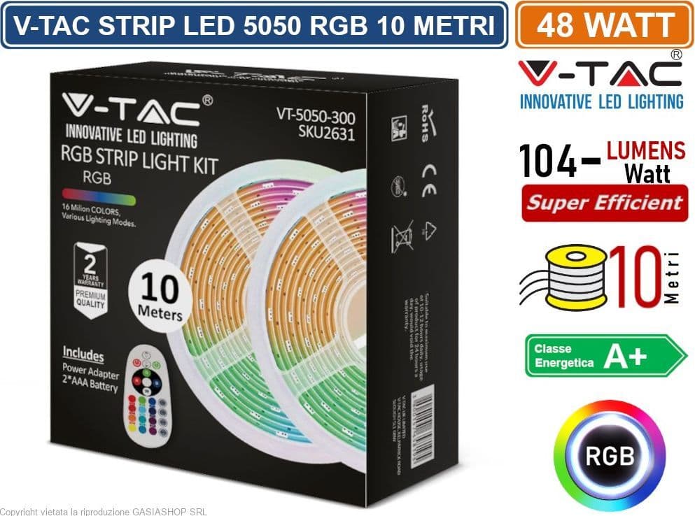 V-TAC VT-5050-300 KIT CON STRISCIA LED 5050 4,8W 12V MULTICOLORE RGB 10MT CONTROLLER E ALIMENTATORE - SKU 2630 - 4