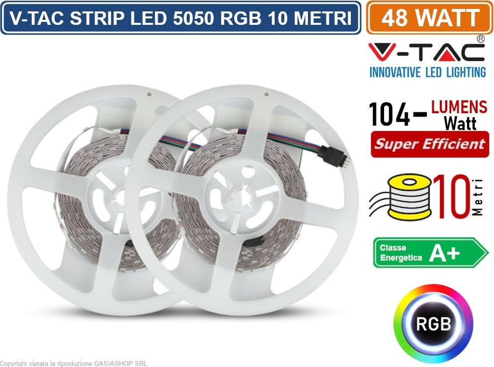 V-TAC VT-5050-300 KIT CON STRISCIA LED 5050 4,8W 12V MULTICOLORE RGB 10MT CONTROLLER E ALIMENTATORE - SKU 2630 - 2