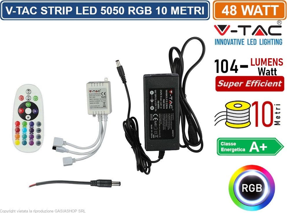 V-TAC VT-5050-300 KIT CON STRISCIA LED 5050 4,8W 12V MULTICOLORE RGB 10MT CONTROLLER E ALIMENTATORE - SKU 2630 - 3