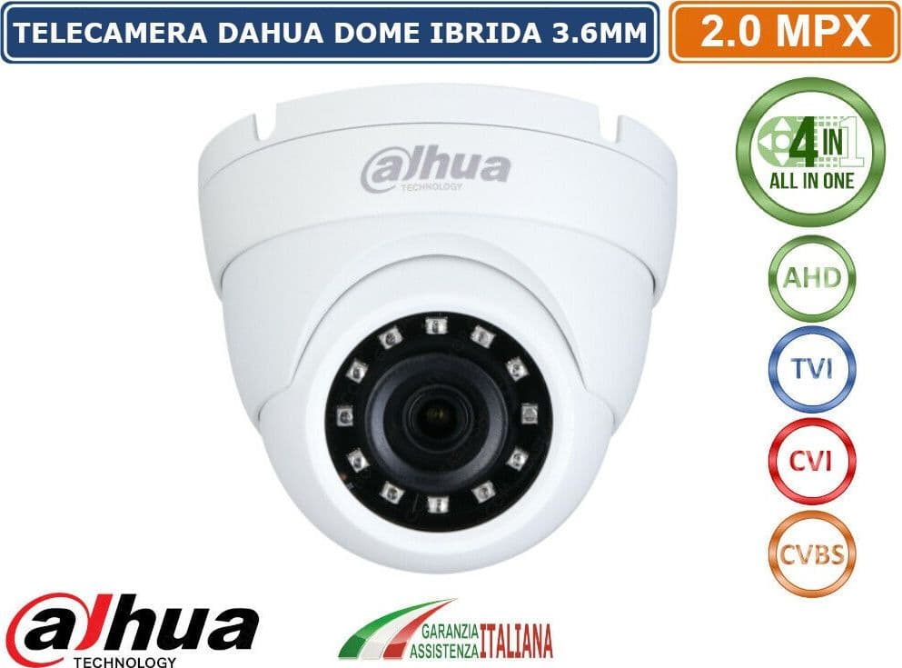 DAHUA HAC-HDW1200M-S4 TELECAMERA IBRIDA 4 IN 1 AHD CVI TVI CVBS 2MPX 3.6MM IP67 IR LED 30 METRI