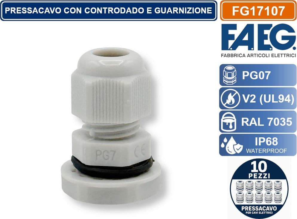 CONFEZIONE 10 PEZZI FAEG FG17107 PRESSACAVO IN NYLON PASSO PG7 GRIGIO RAL 7035 IP68 - 2