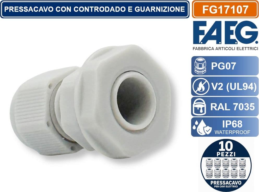 CONFEZIONE 10 PEZZI FAEG FG17107 PRESSACAVO IN NYLON PASSO PG7 GRIGIO RAL 7035 IP68 - 3