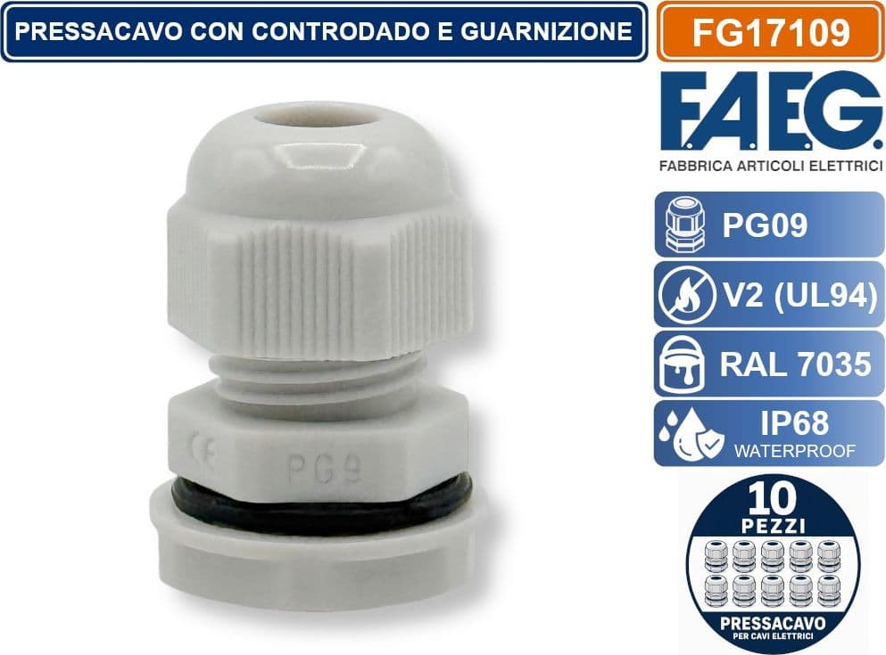 CONFEZIONE 10 PEZZI FAEG FG17109 PRESSACAVO IN NYLON PASSO PG9 GRIGIO RAL 7035 IP68 - 2