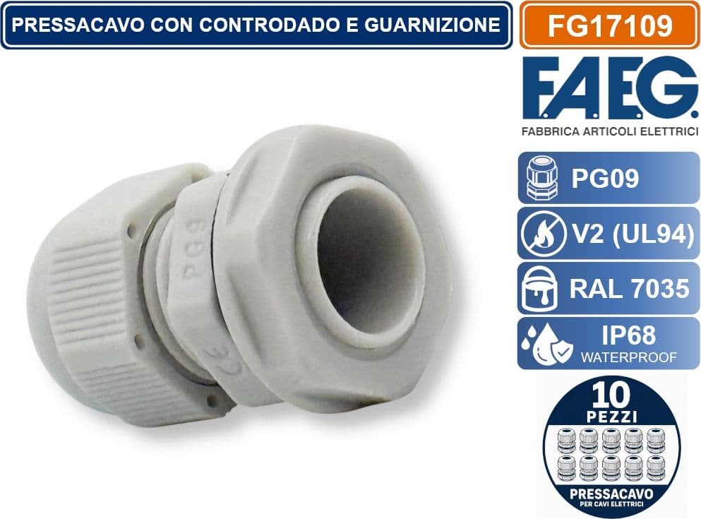 CONFEZIONE 10 PEZZI FAEG FG17109 PRESSACAVO IN NYLON PASSO PG9 GRIGIO RAL 7035 IP68 - 3