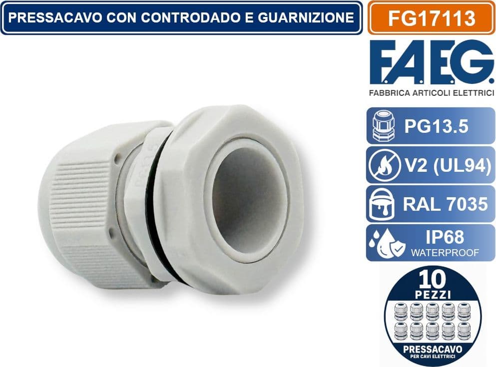CONFEZIONE 10 PEZZI FAEG FG17113 PRESSACAVO IN NYLON PASSO PG13.5 GRIGIO RAL 7035 IP68 - 3