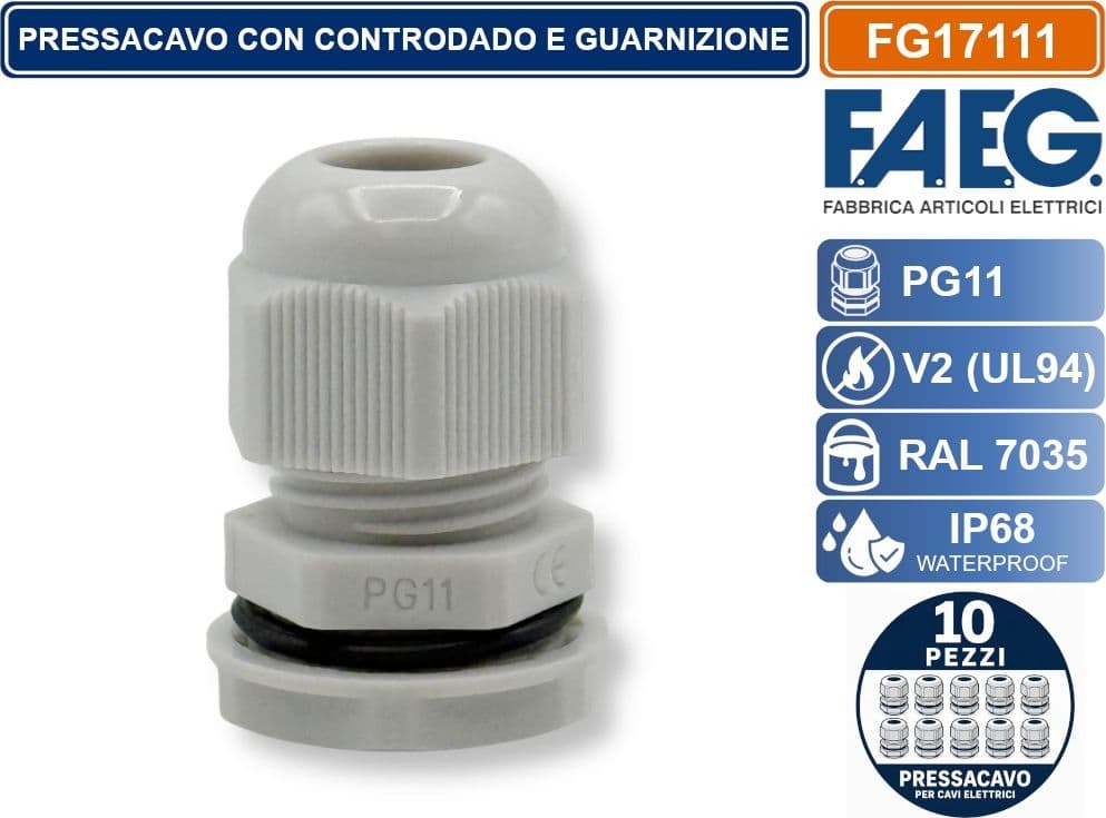 CONFEZIONE 10 PEZZI FAEG FG17111 PRESSACAVO IN NYLON PASSO PG11 GRIGIO RAL 7035 IP68 - 2