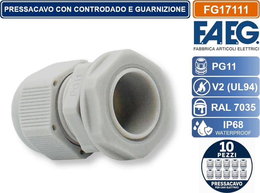 CONFEZIONE 10 PEZZI FAEG FG17111 PRESSACAVO IN NYLON PASSO PG11 GRIGIO RAL 7035 IP68 - 3