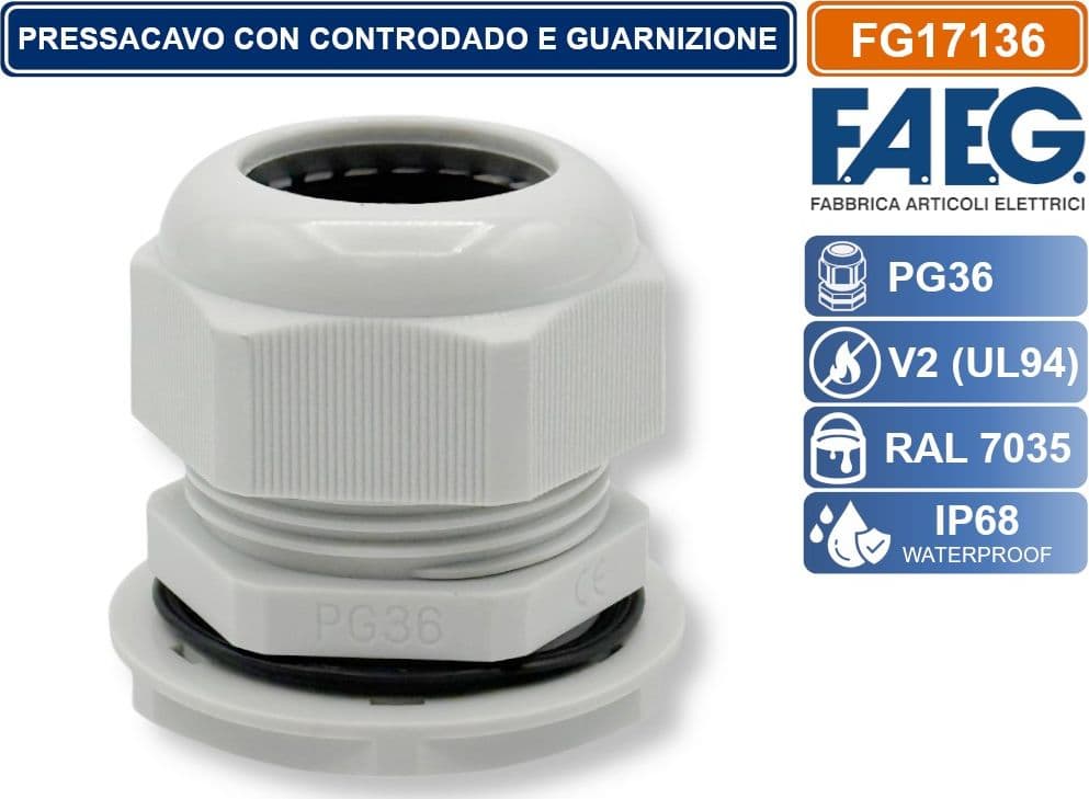 FAEG FG17136 PRESSACAVO IN NYLON PASSO PG36 GRIGIO RAL 7035 IP68 - 2