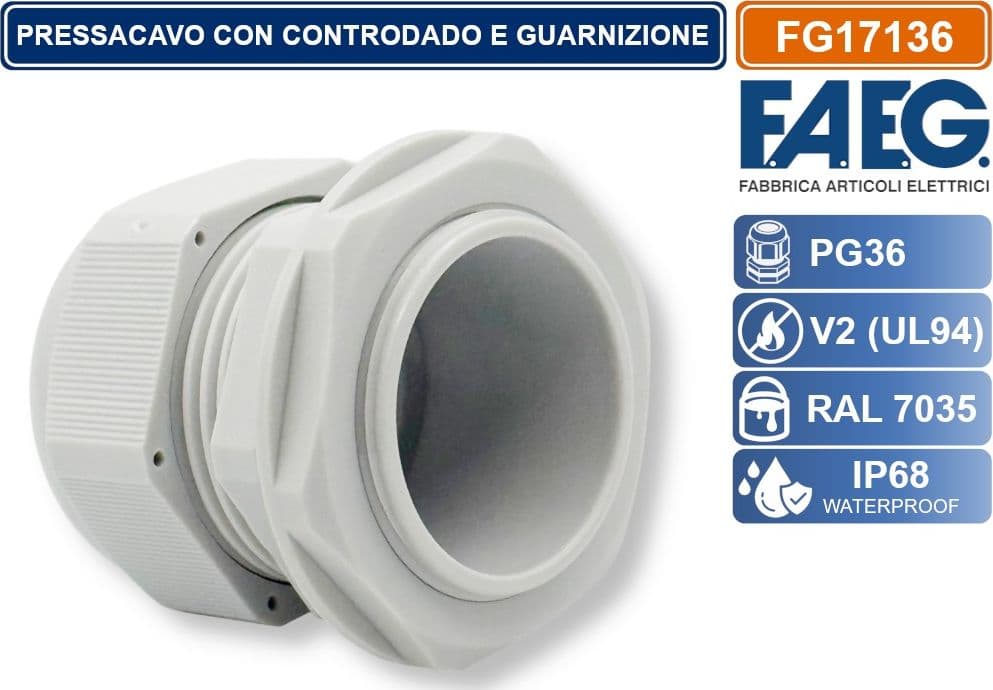 FAEG FG17136 PRESSACAVO IN NYLON PASSO PG36 GRIGIO RAL 7035 IP68 - 3