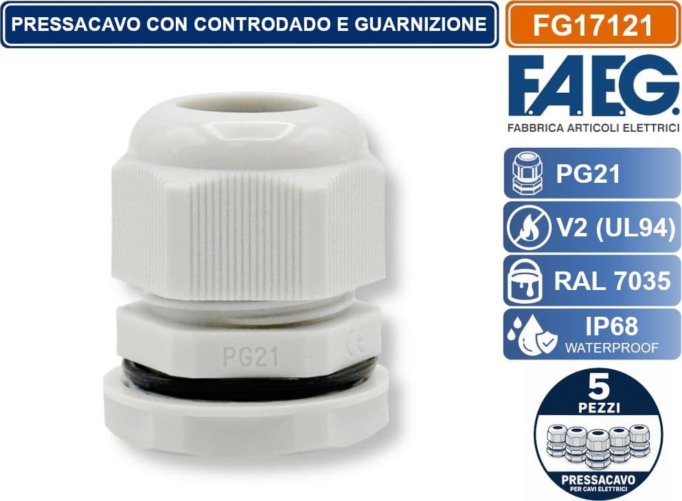 CONFEZIONE 5 PEZZI FAEG FG17121 PRESSACAVO IN NYLON PASSO PG21 GRIGIO RAL 7035 IP68 - 2